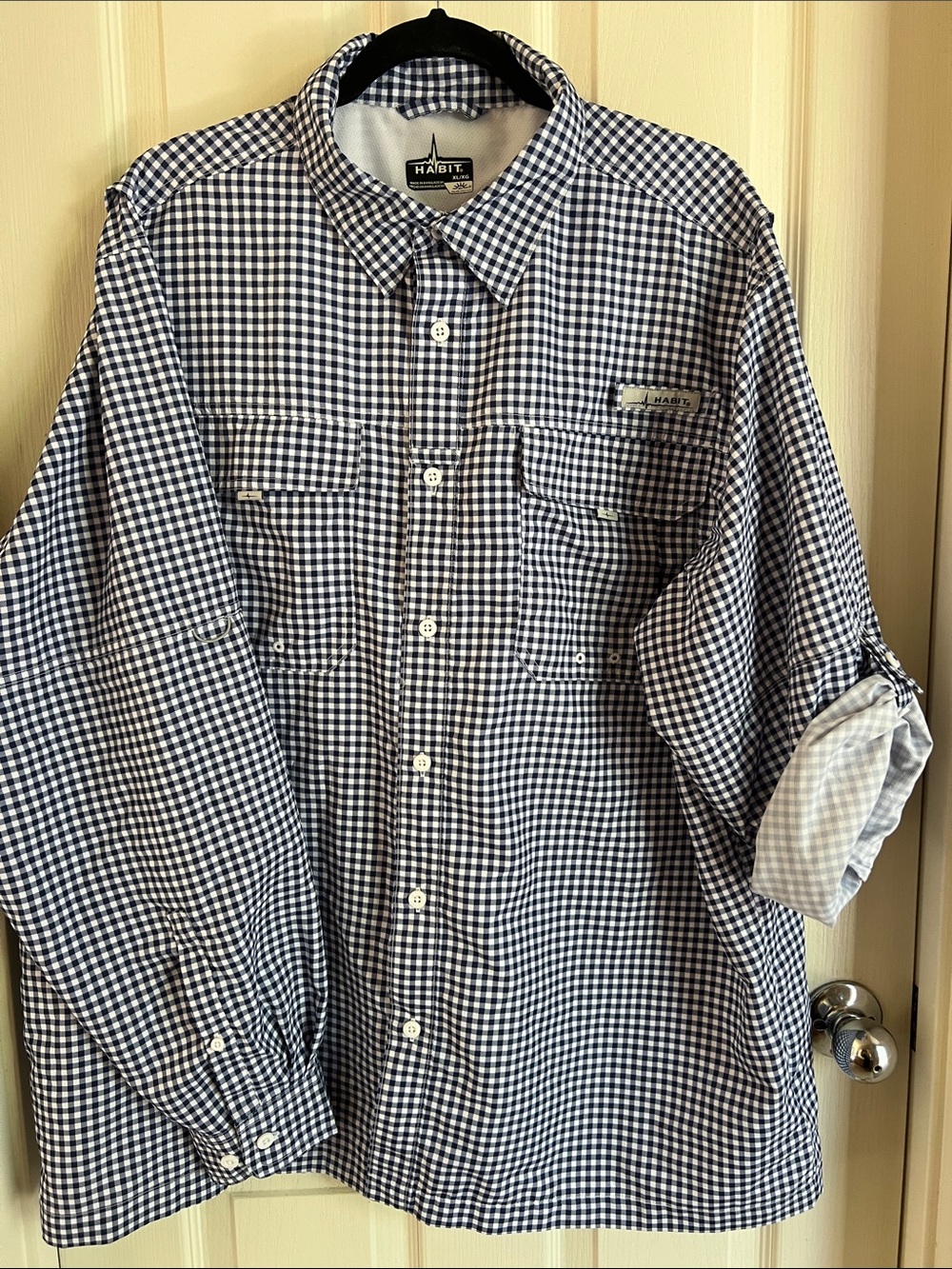 Habit Men's Navy & White Gingham Button-Up Shirt long sleeve 40+UPF